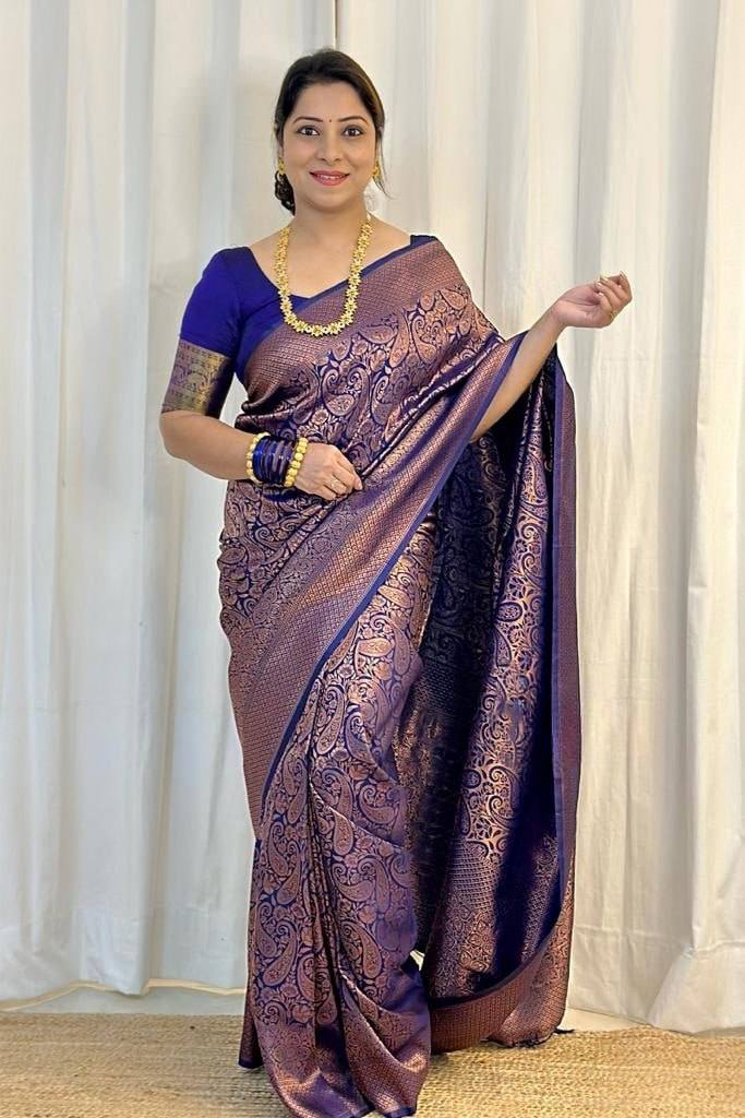 Eclat Navy Blue Soft Silk Saree With Fantabulous Blouse Piece