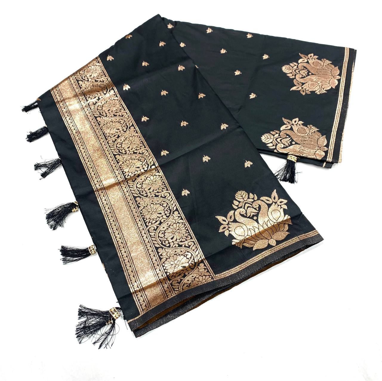 Bucolic Black Soft Silk Saree With Fancifull Blouse Piece