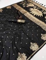 Bucolic Black Soft Silk Saree With Fancifull Blouse Piece