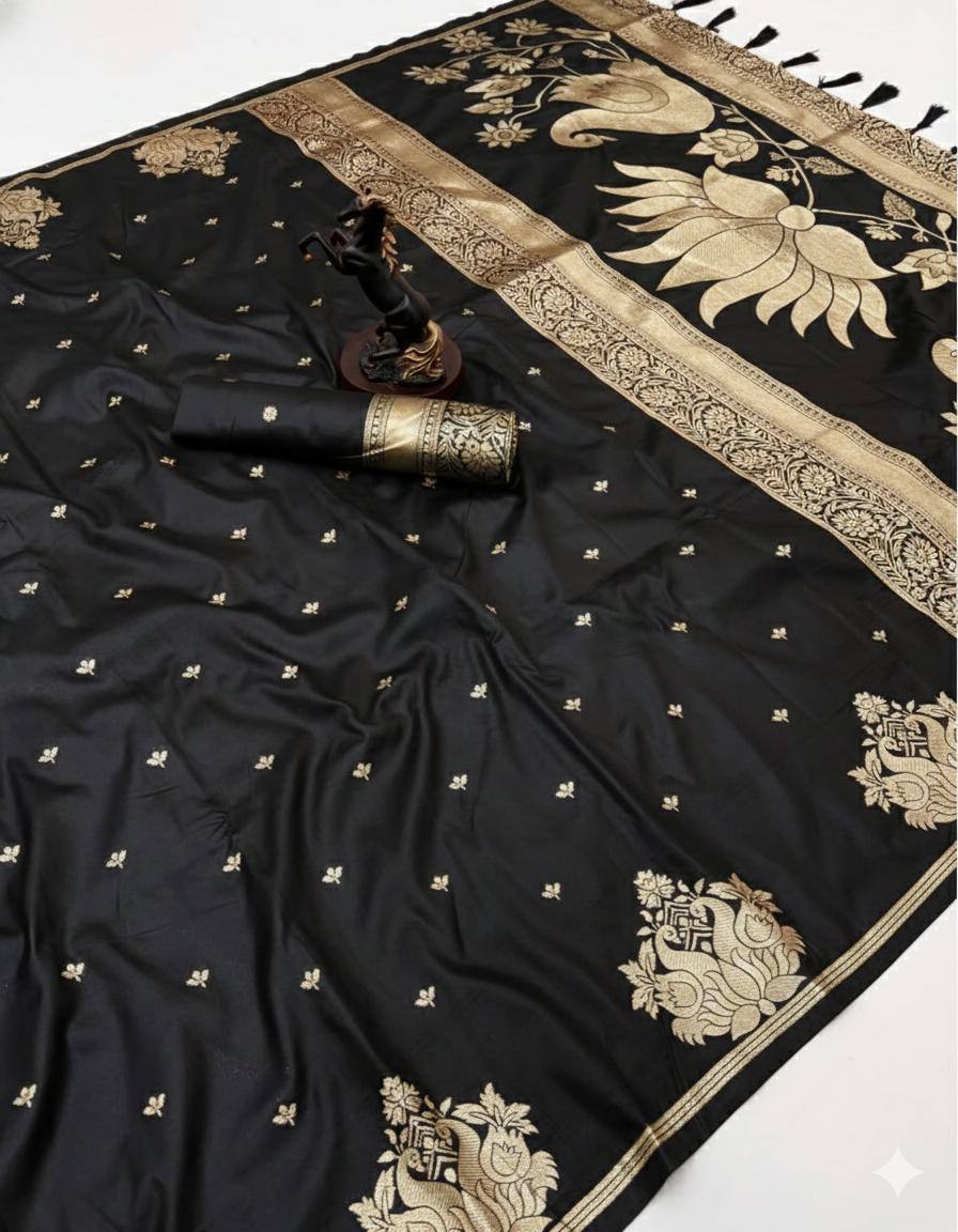 Bucolic Black Soft Silk Saree With Fancifull Blouse Piece