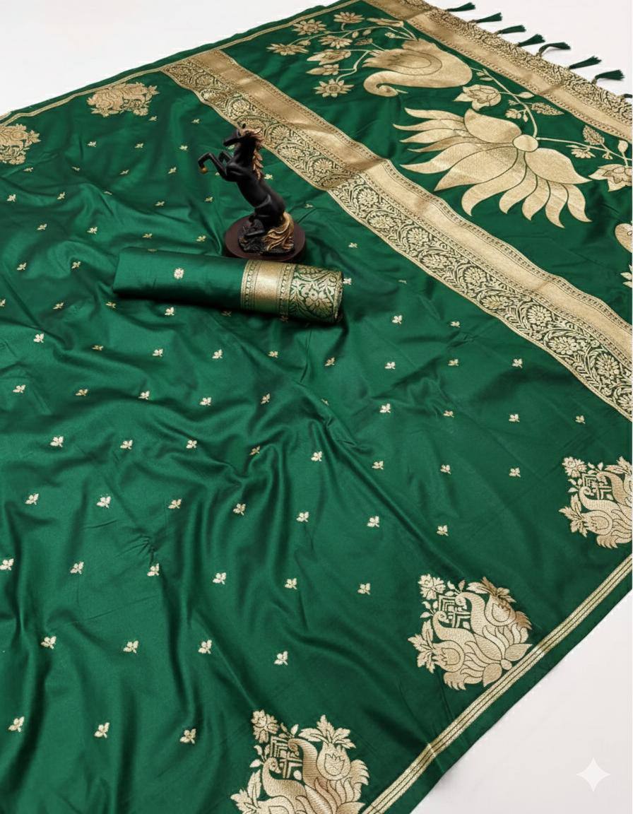 Breathtaking Dark Green Soft Silk Saree With Charismatic Blouse Piece