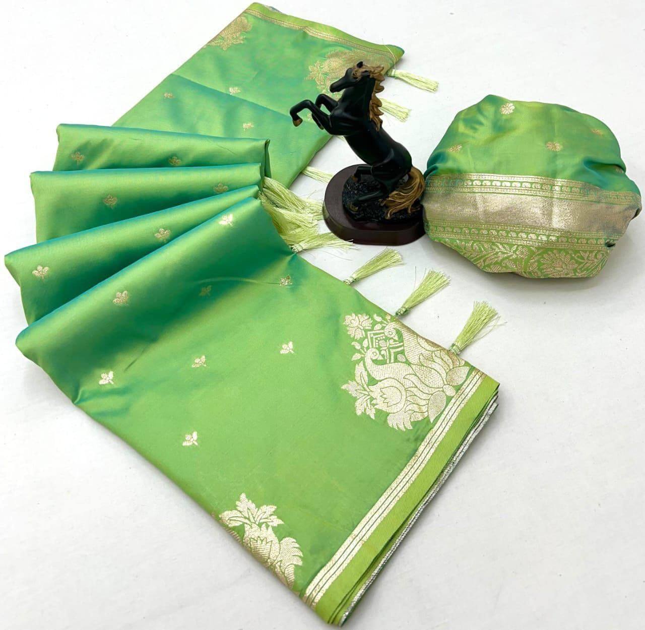 Ethnic Pista Soft Silk Saree With Demanding Blouse Piece