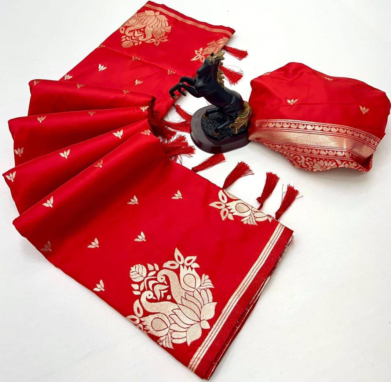 Elision Red Soft Silk Saree With Dissemble Blouse Piece
