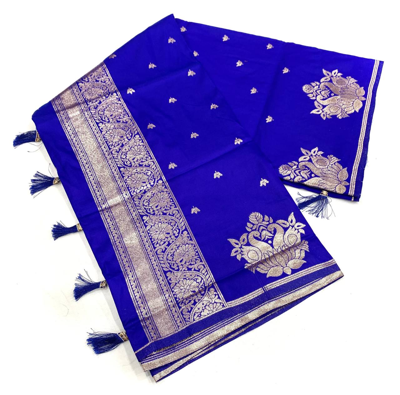 Sumptuous Royal Blue Soft Silk Saree With Blooming Blouse Piece