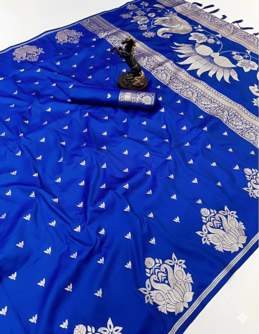 Sumptuous Royal Blue Soft Silk Saree With Blooming Blouse Piece