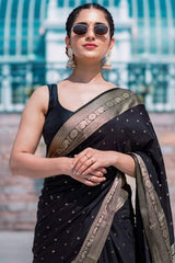 Delightful Black Soft Silk Saree With Prettiest Blouse Piece