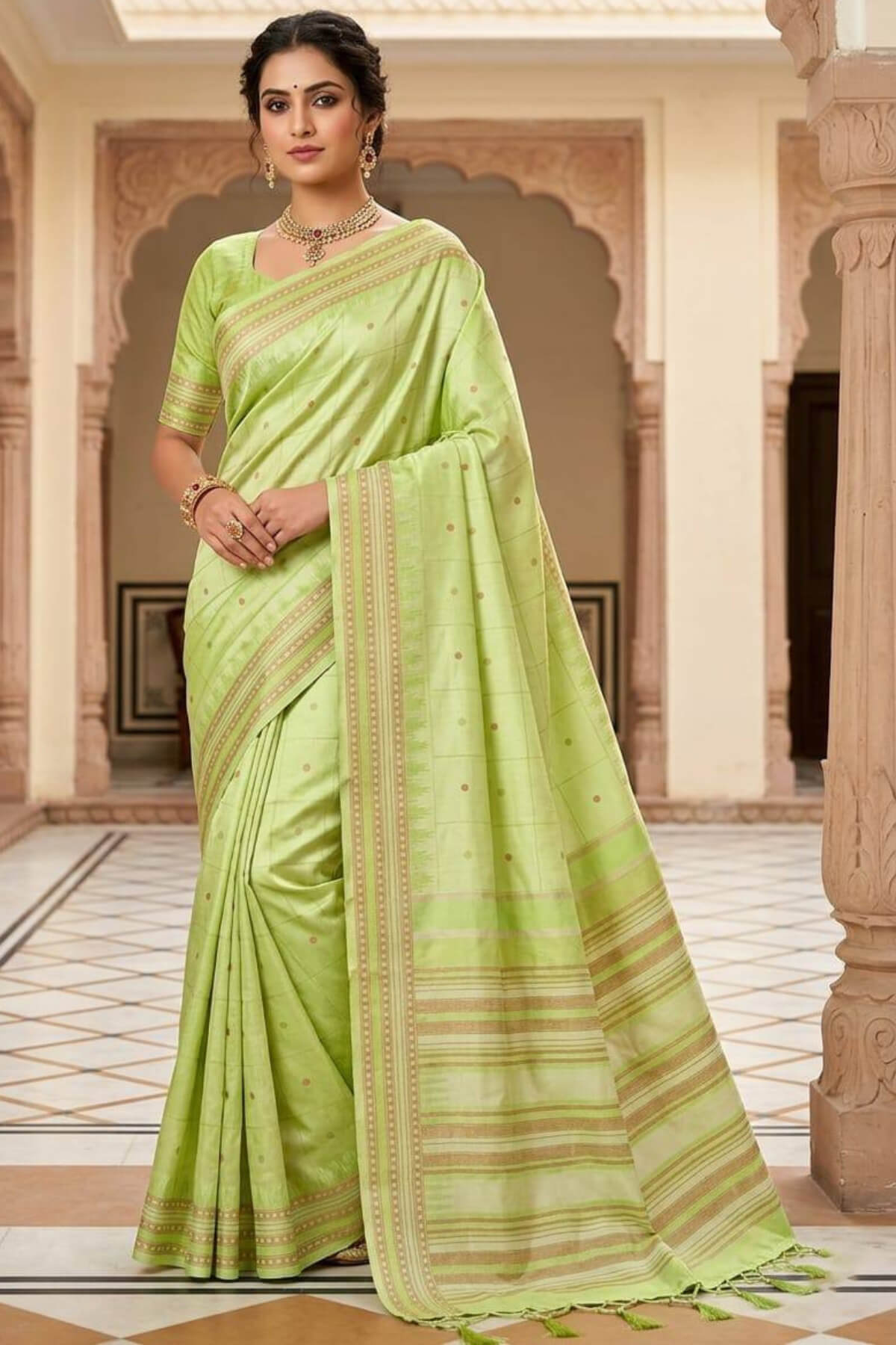 Intricate Pista Soft Silk Saree With Improbable Blouse Piece