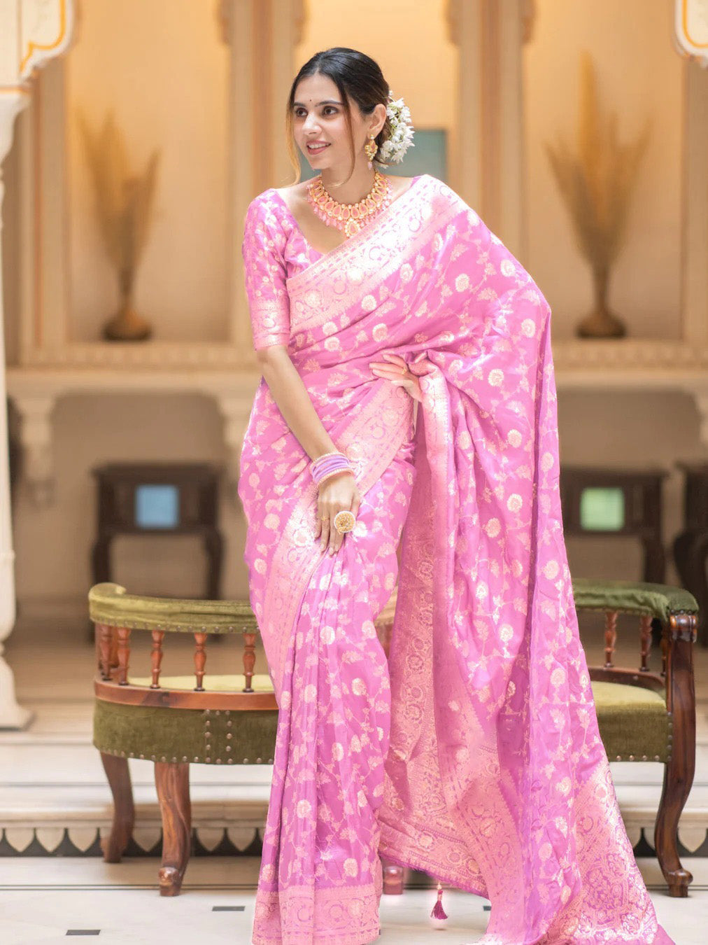 Glorious Baby Pink Soft Silk Saree With Opulent Blouse Piece - Mameraa