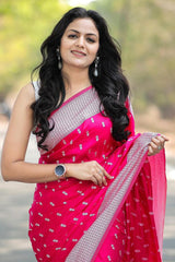 Cynosure Dark Pink Cotton Silk Saree With Dissemble Blouse Piece