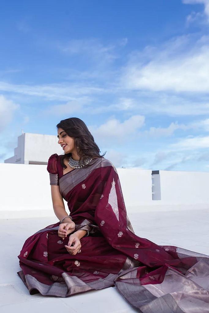Staggering Wine Cotton Silk Saree With Ratatouille Blouse Piece
