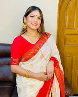 Desuetude White Soft Banarasi Silk Saree with Staring Blouse Piece
