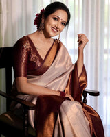Unique Beige Soft Silk Saree With Extraordinary Blouse Piece