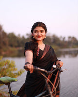 Skinny Black Soft Banarasi Silk Saree With Beauteous Blouse Piece