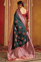 Majesty Dark Green Pure Zari Weaving Banarasi Silk Saree With Profuse Blouse Piece