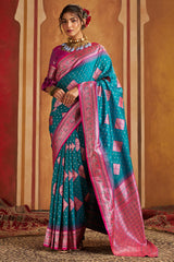 Prominent Firozi Pure Zari Weaving Banarasi Silk Saree With Flamboyant Blouse Piece