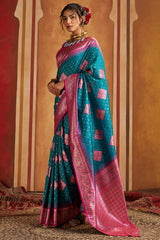 Prominent Firozi Pure Zari Weaving Banarasi Silk Saree With Flamboyant Blouse Piece
