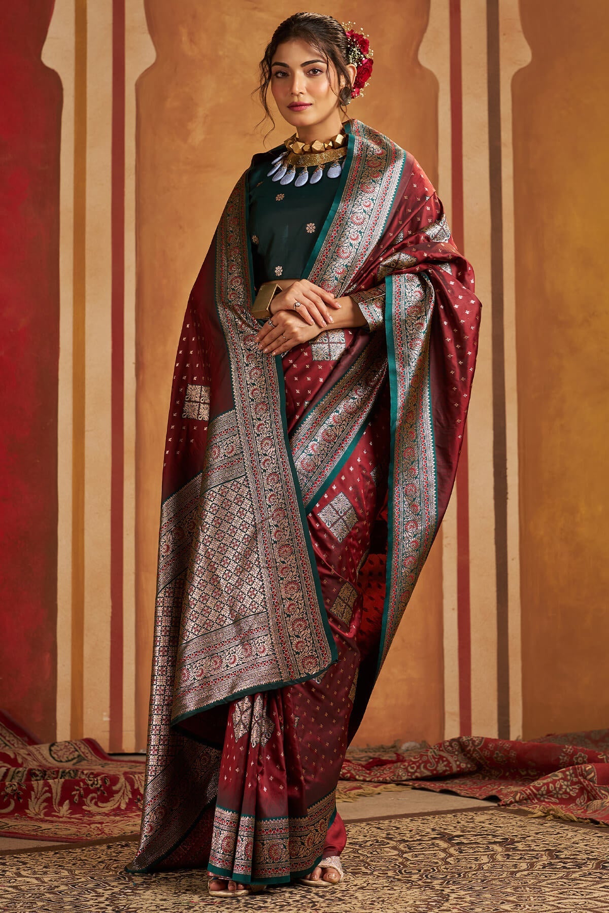 Enticing Maroon Pure Zari Weaving Banarasi Silk Saree With Quixotic Blouse Piece