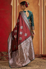 Enticing Maroon Pure Zari Weaving Banarasi Silk Saree With Quixotic Blouse Piece