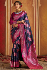 Scintilla Navy Blue Pure Zari Weaving Banarasi Silk Saree With Denouement Blouse Piece