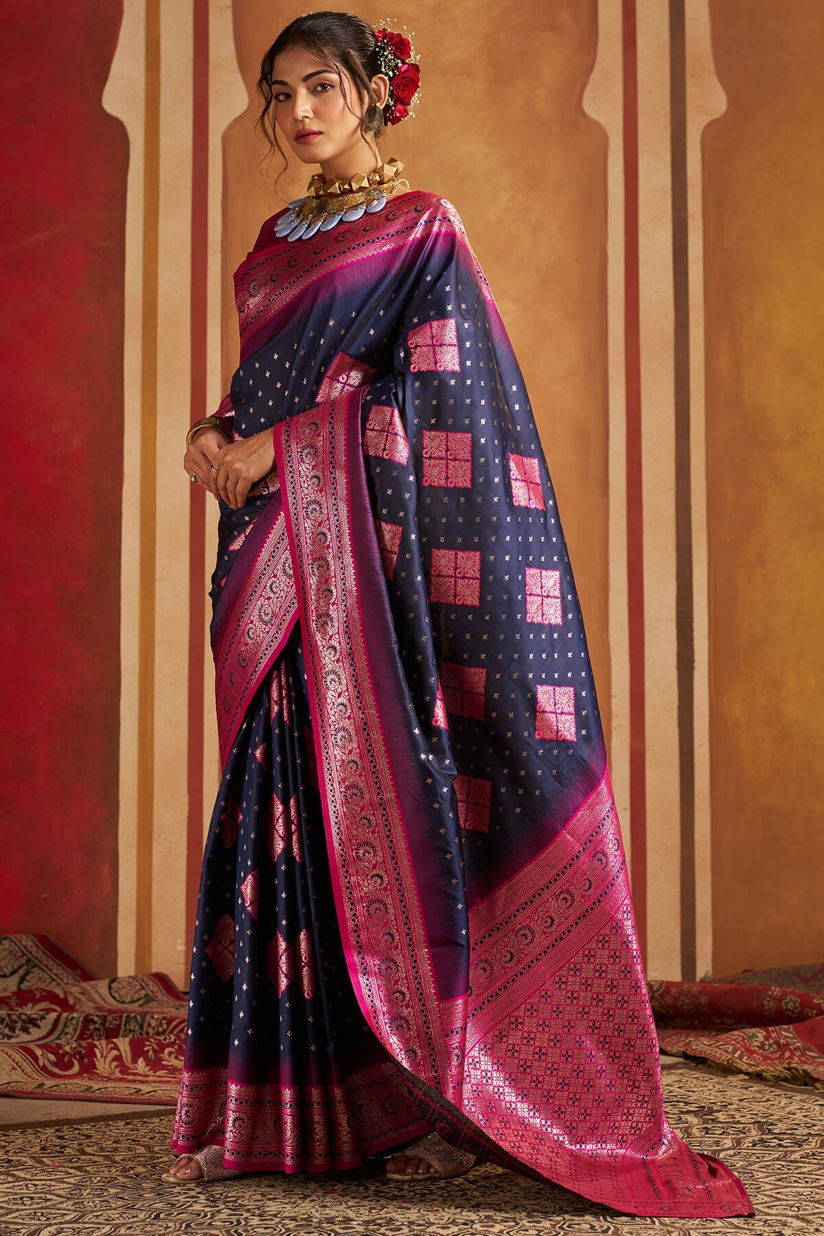 Scintilla Navy Blue Pure Zari Weaving Banarasi Silk Saree With Denouement Blouse Piece