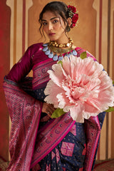Scintilla Navy Blue Pure Zari Weaving Banarasi Silk Saree With Denouement Blouse Piece