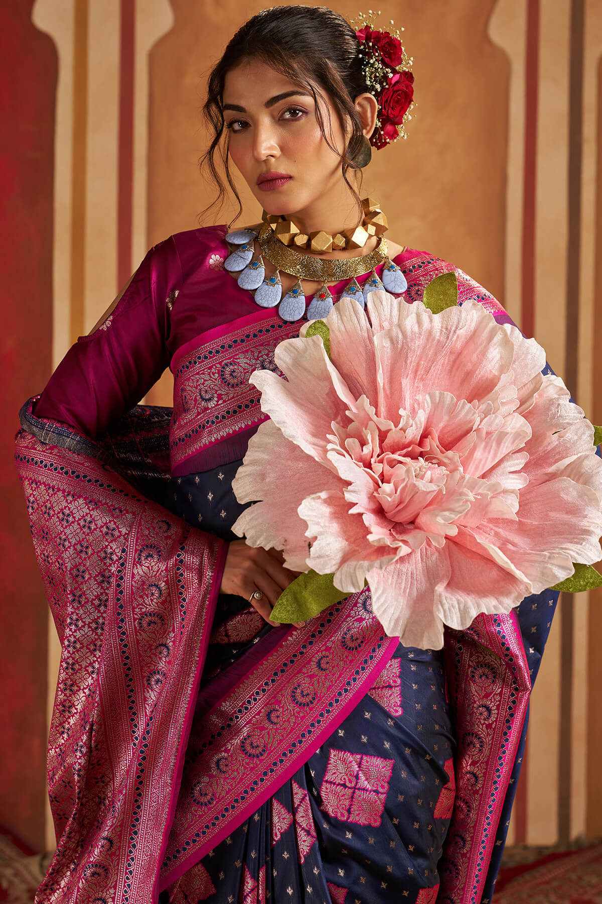 Scintilla Navy Blue Pure Zari Weaving Banarasi Silk Saree With Denouement Blouse Piece