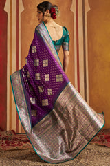 Epiphany Purple Pure Zari Weaving Banarasi Silk Saree With Classic Blouse Piece
