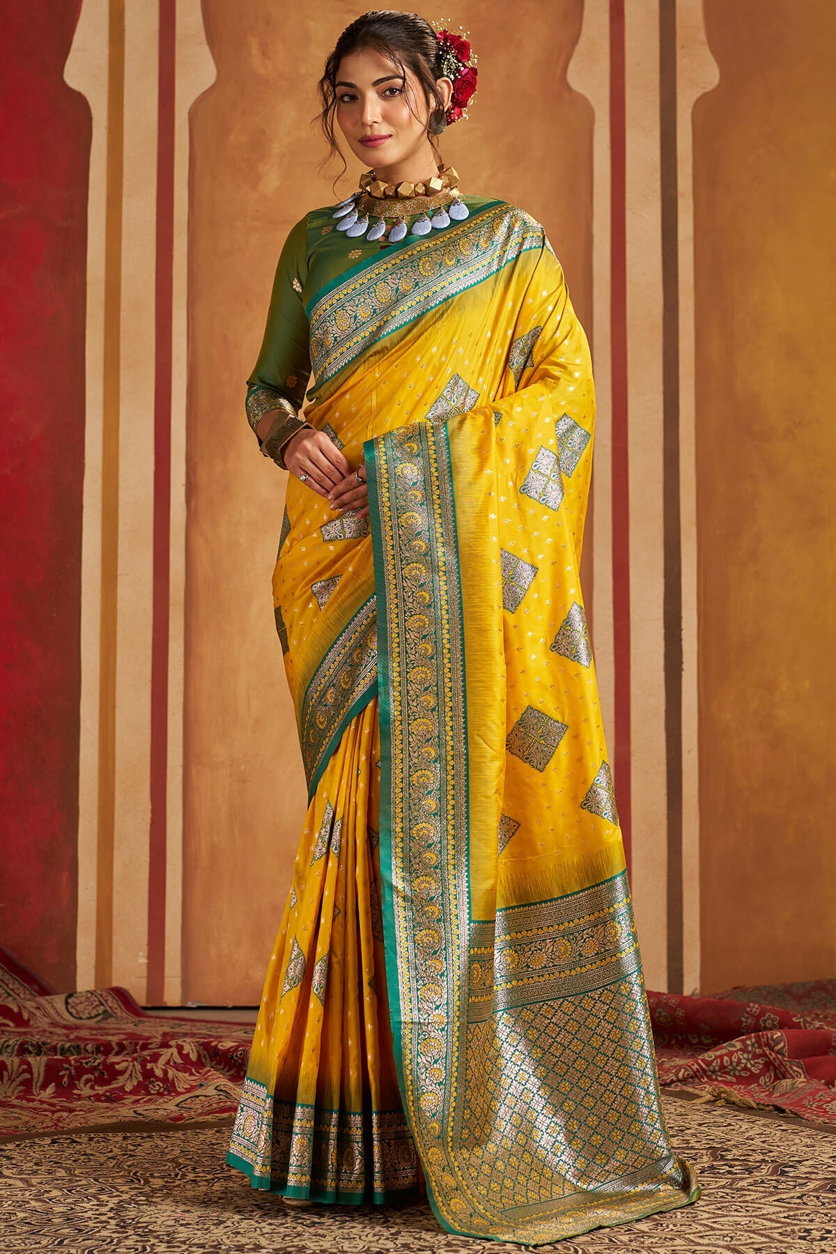 Trendy Yellow Pure Zari Weaving Banarasi Silk Saree With Delightful Blouse Piece