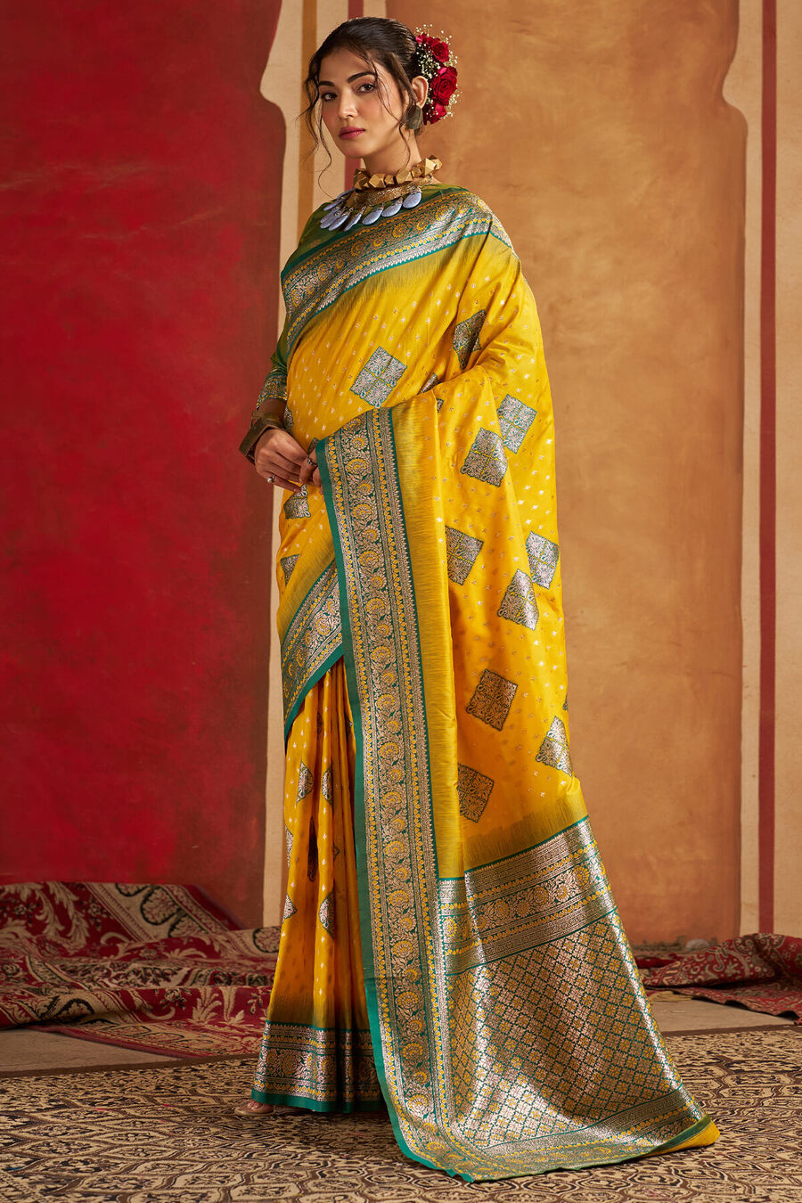 Trendy Yellow Pure Zari Weaving Banarasi Silk Saree With Delightful Blouse Piece