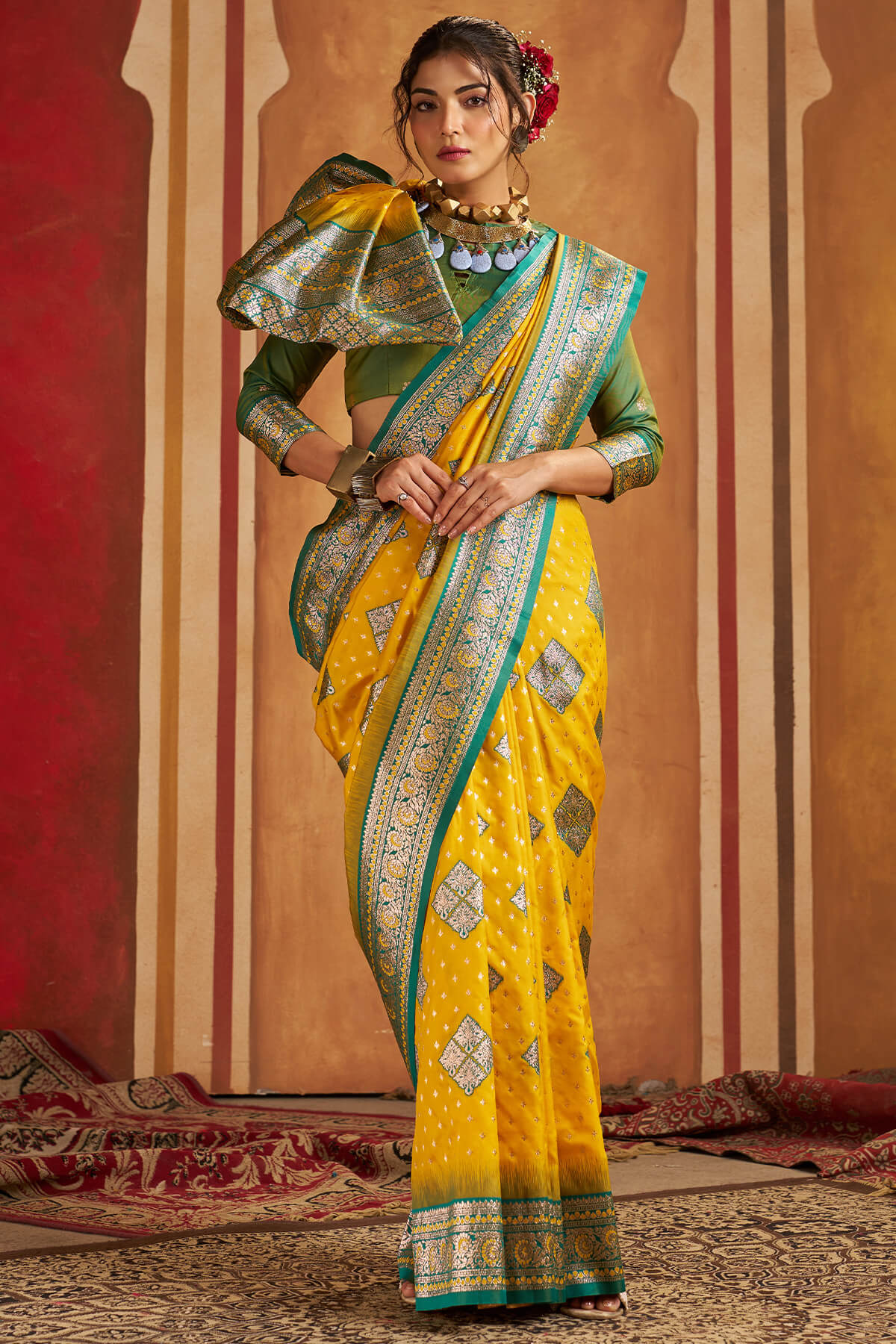 Trendy Yellow Pure Zari Weaving Banarasi Silk Saree With Delightful Blouse Piece