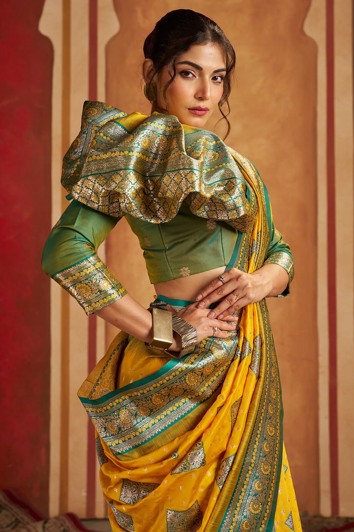 Trendy Yellow Pure Zari Weaving Banarasi Silk Saree With Delightful Blouse Piece