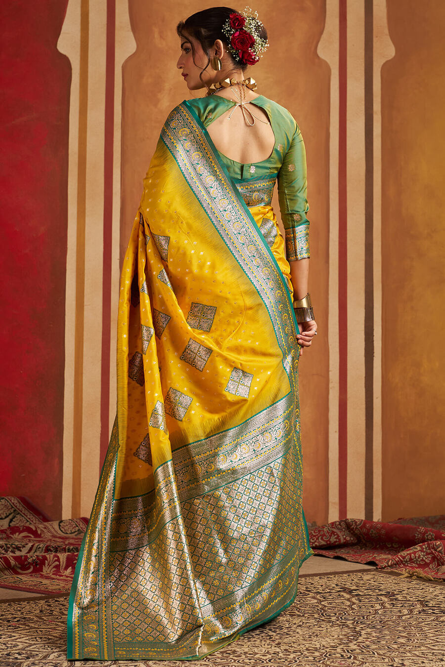 Trendy Yellow Pure Zari Weaving Banarasi Silk Saree With Delightful Blouse Piece