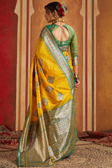 Trendy Yellow Pure Zari Weaving Banarasi Silk Saree With Delightful Blouse Piece