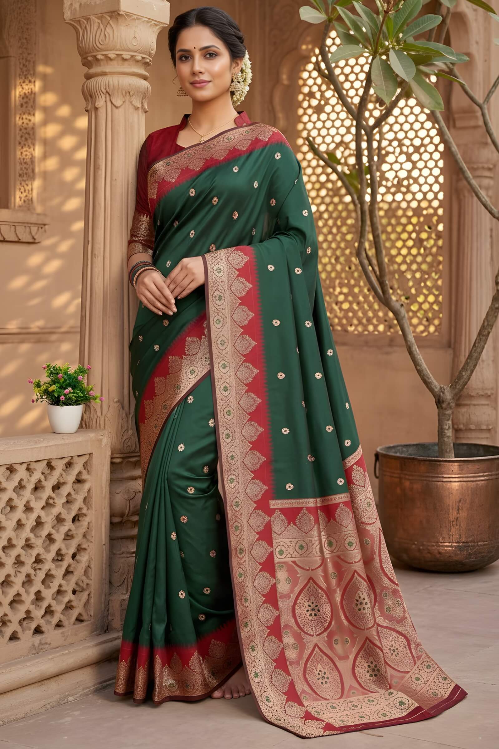 Outstanding Dark Green Pure Zari Weaving Banarasi Silk Saree With Eloquence Blouse Piece