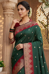 Outstanding Dark Green Pure Zari Weaving Banarasi Silk Saree With Eloquence Blouse Piece
