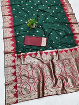 Outstanding Dark Green Pure Zari Weaving Banarasi Silk Saree With Eloquence Blouse Piece