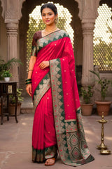 Preferable Dark Pink Pure Zari Weaving Banarasi Silk Saree With Sempiternal Blouse Piece