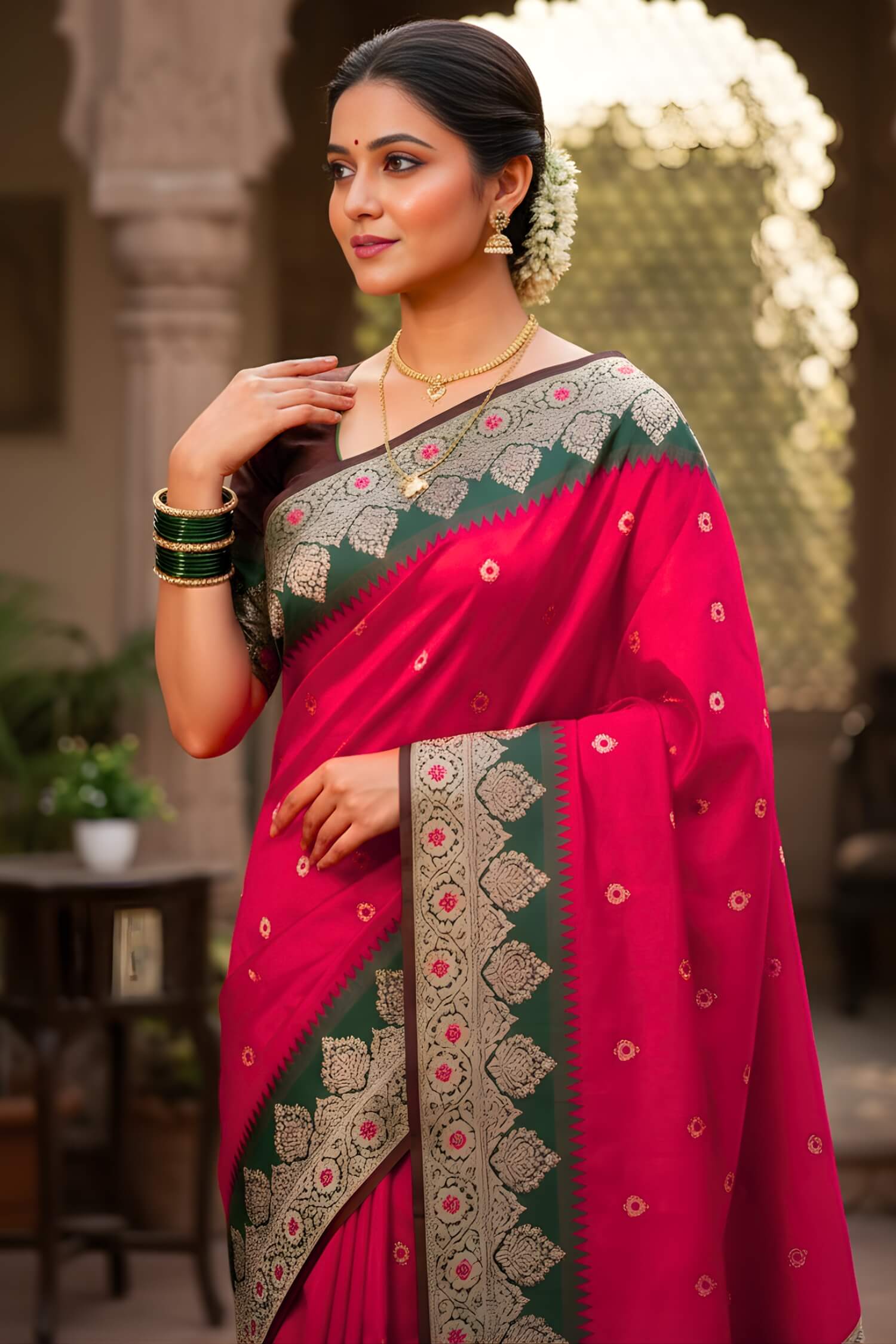 Preferable Dark Pink Pure Zari Weaving Banarasi Silk Saree With Sempiternal Blouse Piece