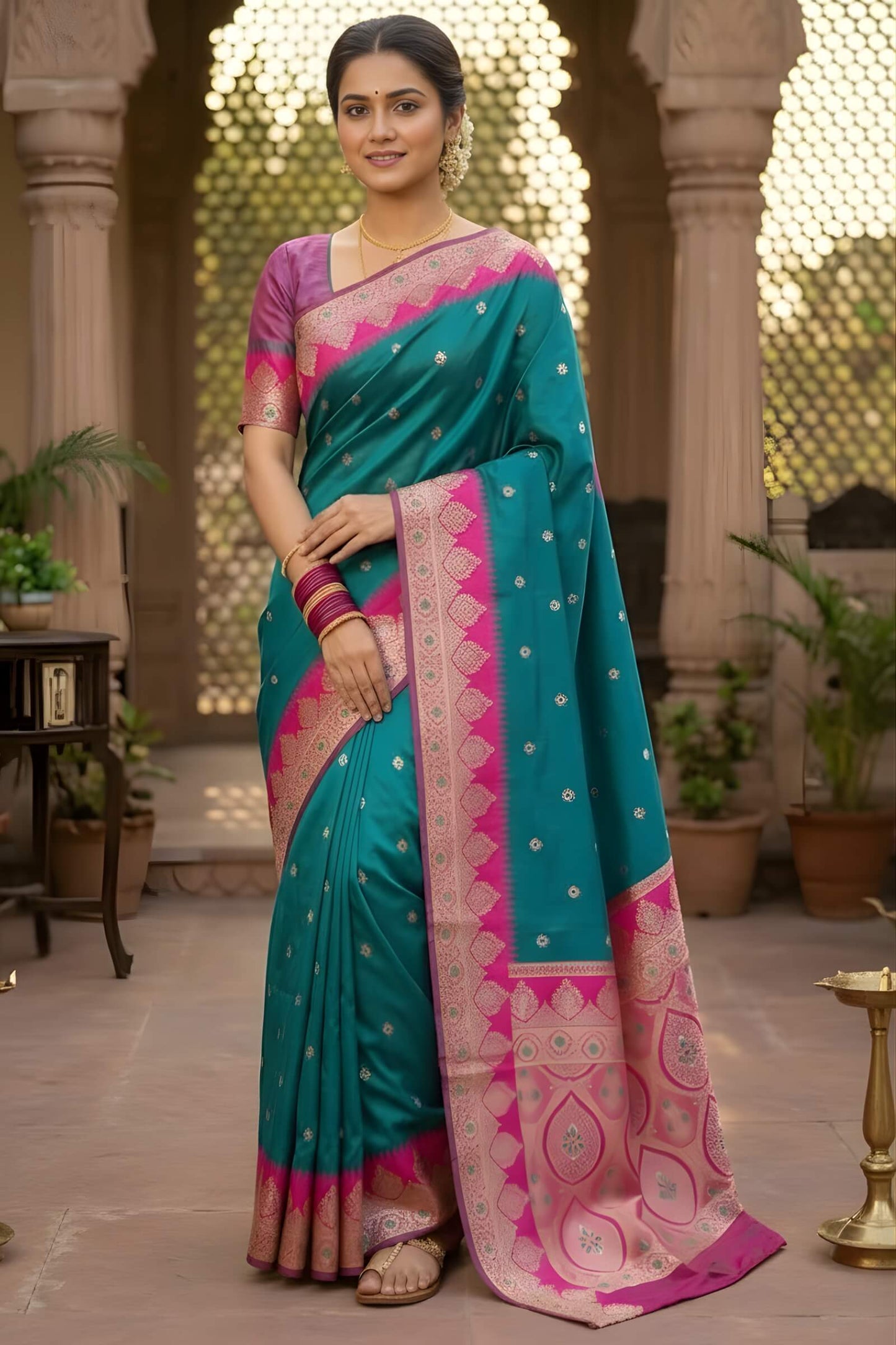 Palimpsest Firozi Pure Zari Weaving Banarasi Silk Saree With Embrocation Blouse Piece