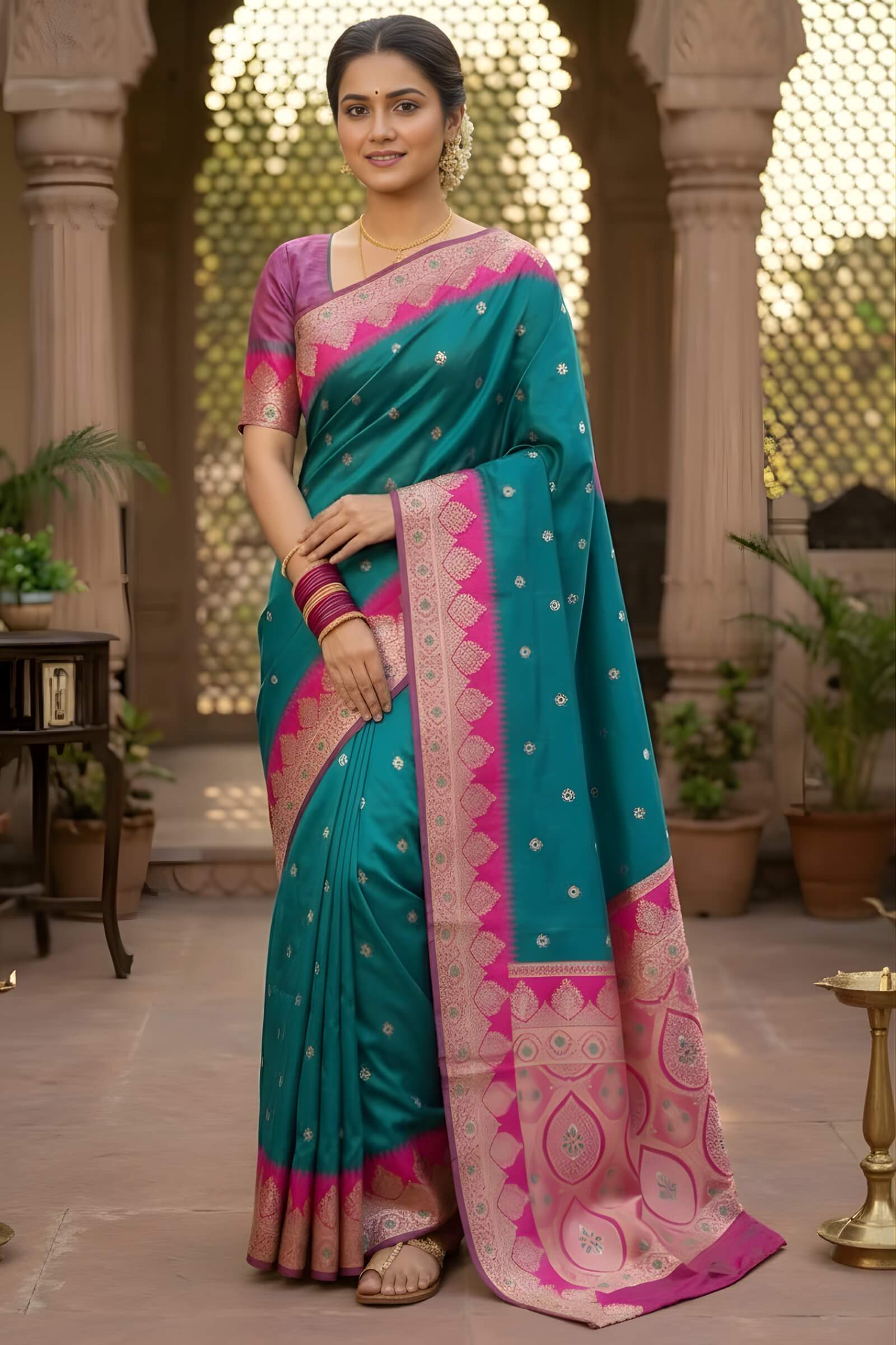 Palimpsest Firozi Pure Zari Weaving Banarasi Silk Saree With Embrocation Blouse Piece