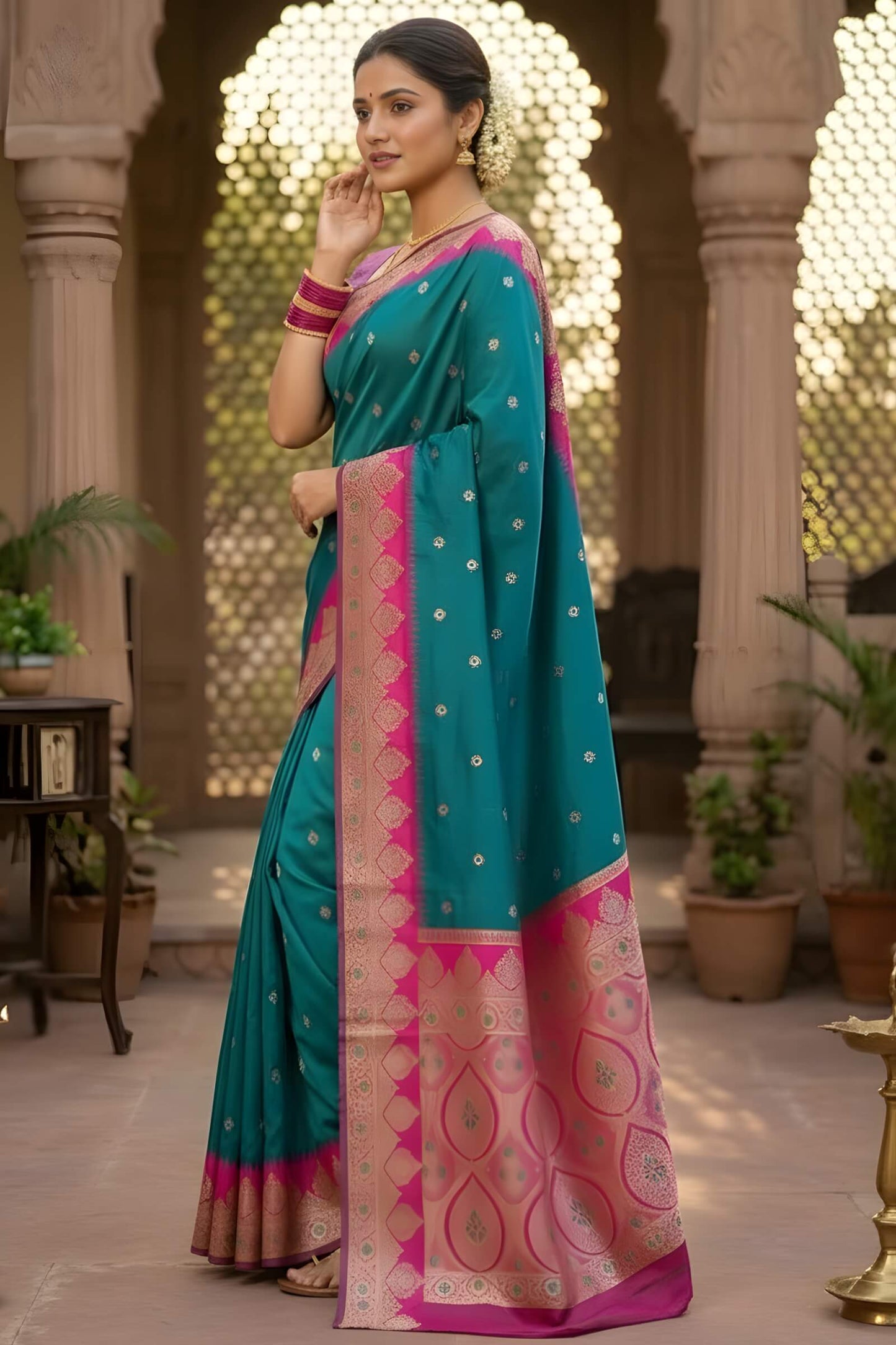 Palimpsest Firozi Pure Zari Weaving Banarasi Silk Saree With Embrocation Blouse Piece