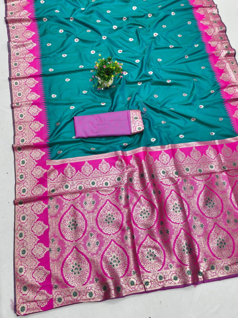 Palimpsest Firozi Pure Zari Weaving Banarasi Silk Saree With Embrocation Blouse Piece