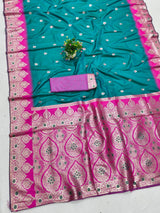 Palimpsest Firozi Pure Zari Weaving Banarasi Silk Saree With Embrocation Blouse Piece