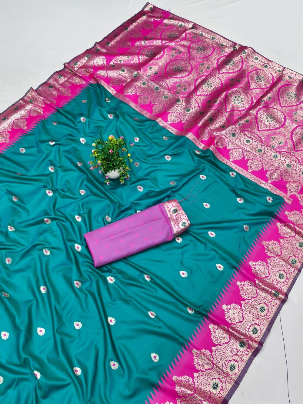 Palimpsest Firozi Pure Zari Weaving Banarasi Silk Saree With Embrocation Blouse Piece