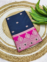 Desiring Navy Blue Pure Zari Weaving Banarasi Silk Saree With Staring Blouse Piece