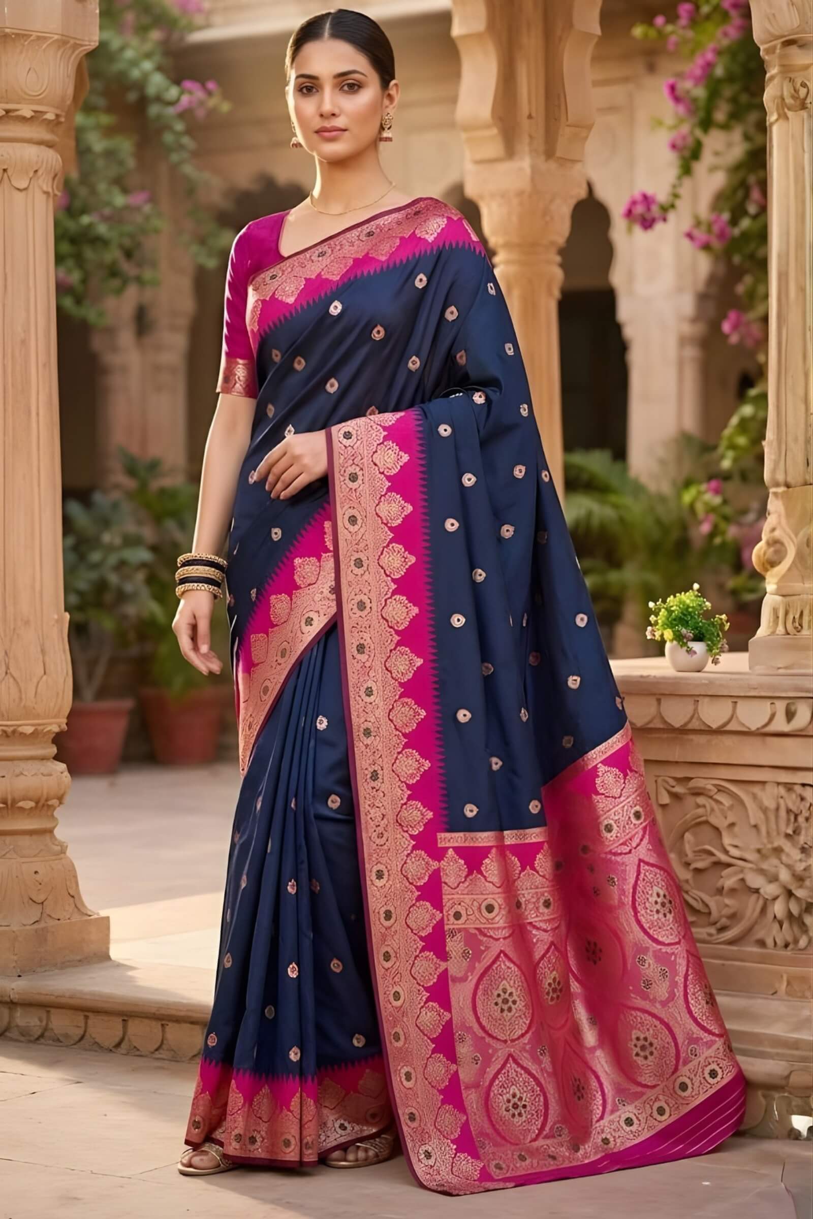 Desiring Navy Blue Pure Zari Weaving Banarasi Silk Saree With Staring Blouse Piece