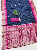Desiring Navy Blue Pure Zari Weaving Banarasi Silk Saree With Staring Blouse Piece