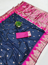 Desiring Navy Blue Pure Zari Weaving Banarasi Silk Saree With Staring Blouse Piece