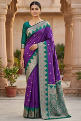 Diaphanous Purple Pure Zari Weaving Banarasi Silk Saree With Amazing Blouse Piece