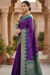 Diaphanous Purple Pure Zari Weaving Banarasi Silk Saree With Amazing Blouse Piece